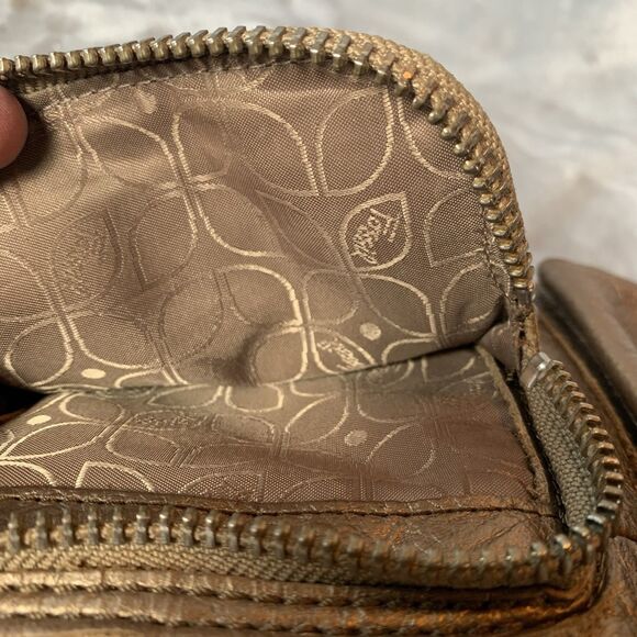 Fossil Crossbody Bag Front Pockets Metallic Bronze/Chocolate Pebbled Leather - Picture 7 of 16